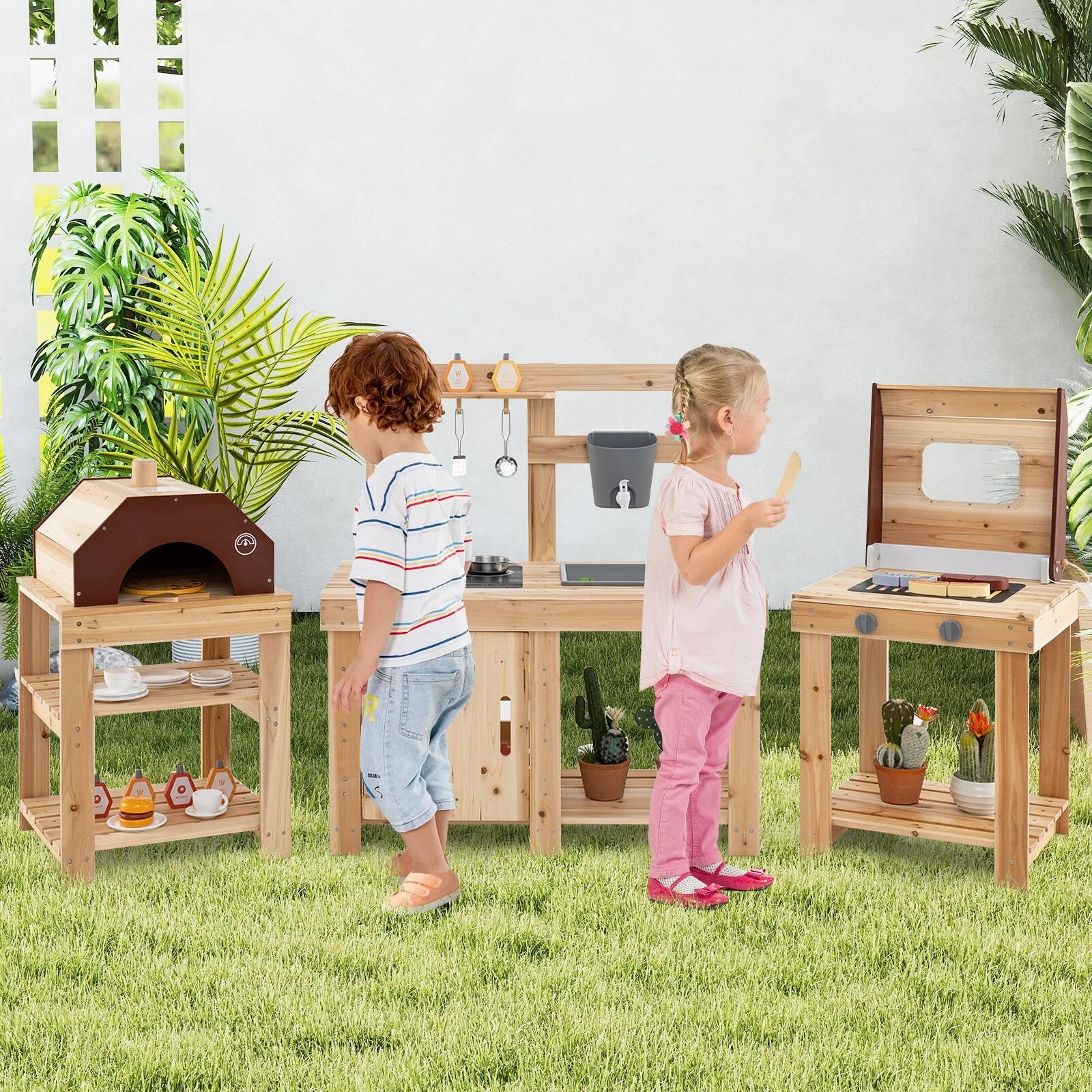 3-Piece Outdoor Kitchen Set Mud Kitchen with Separate BBQ Grill and Pizza Oven-Natural - Multi