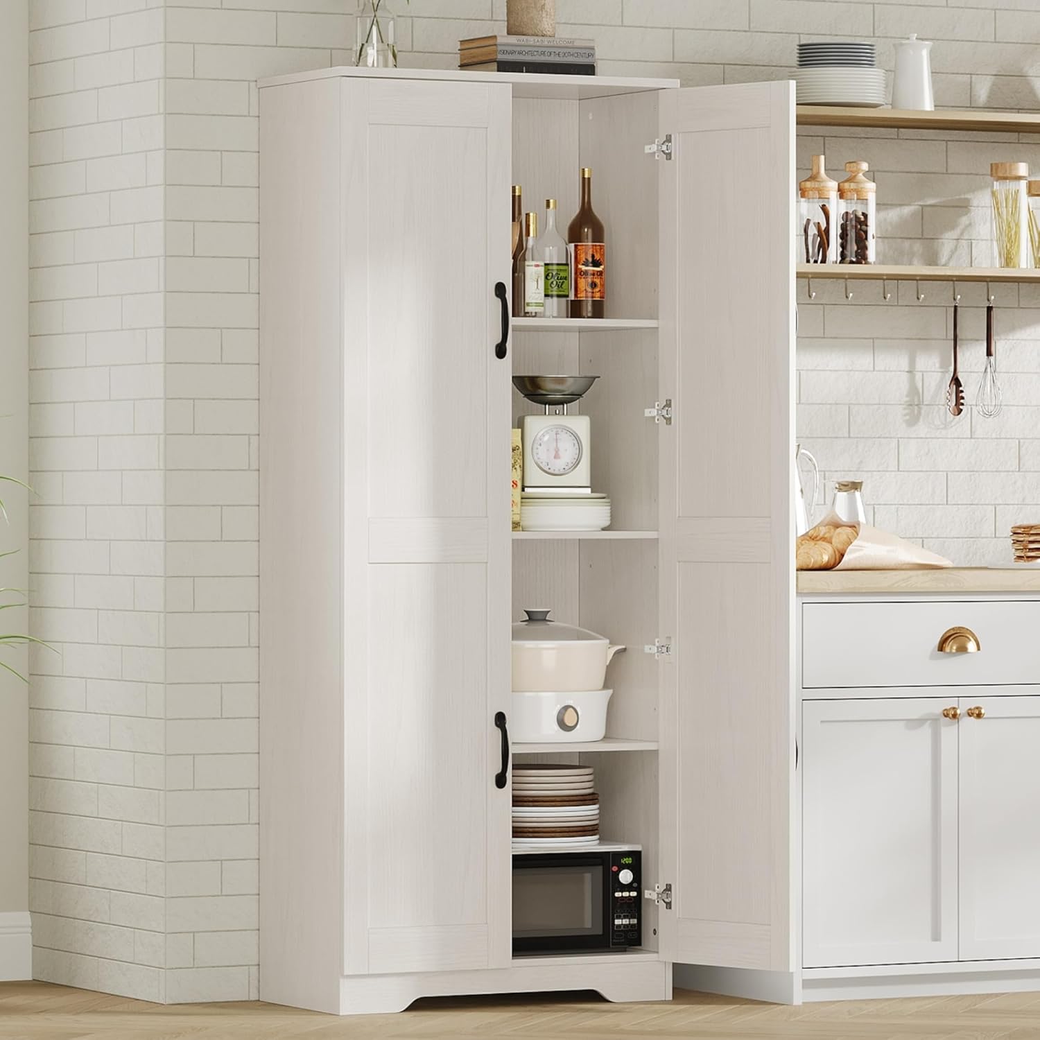 IDEALHOUSE Tall Pantry Cabinet, 60 Kitchen Pantry Storage Cabinet with 2 Doors and Adjustable Shelves, Freestanding Kitchen Cabinet, Cupboard for Dining Room, Bathroom (White)