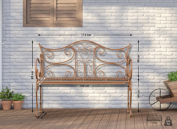 Banc de jardin en fer forgé, style rustique, extérieur terrasse balcon, pour 2 à 3 personnes Marronantique
