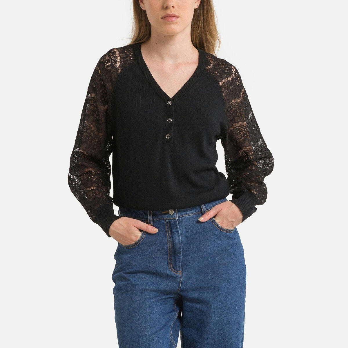 Pull col V, maille ajourée