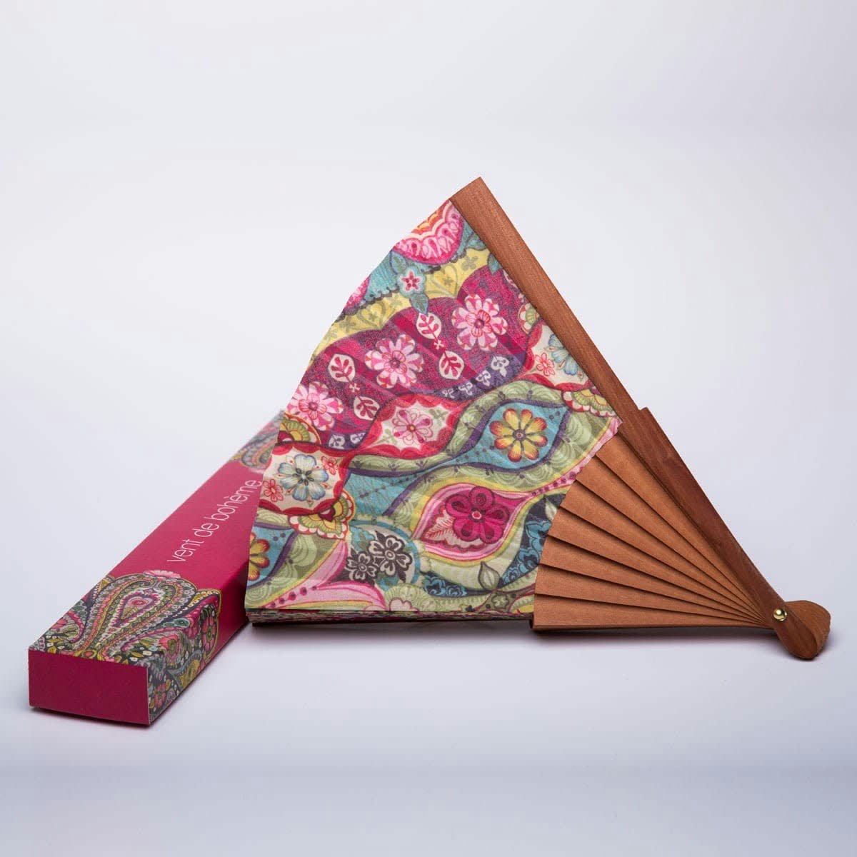 BOHEME - Éventail en bois de merisier et coton imprimé design fleuri
