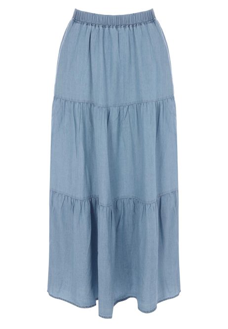 Womens Blue Denim Look Tiered Skirt