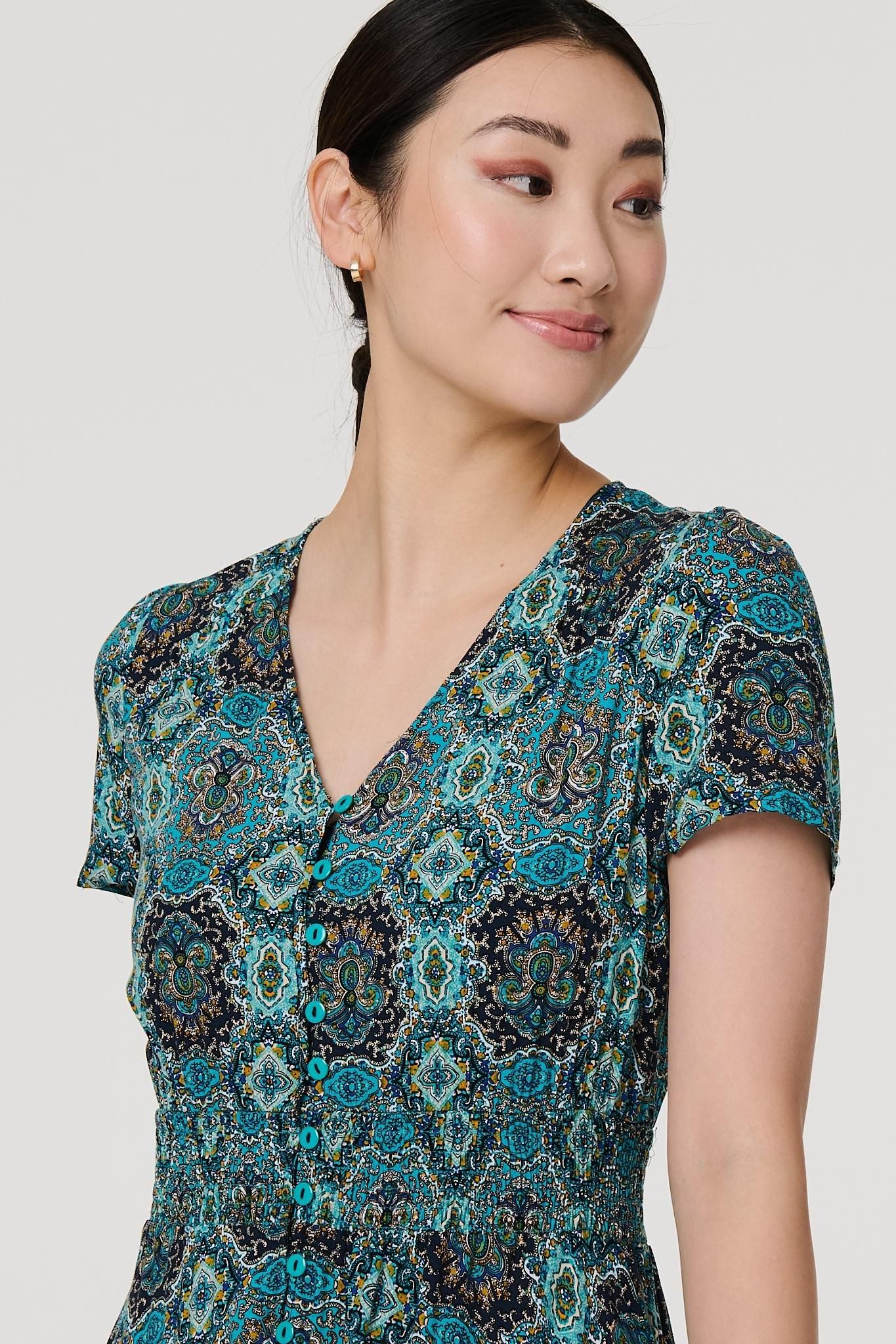 Izabel London Mosaic Print Short Sleeve Smock Maxi Dress