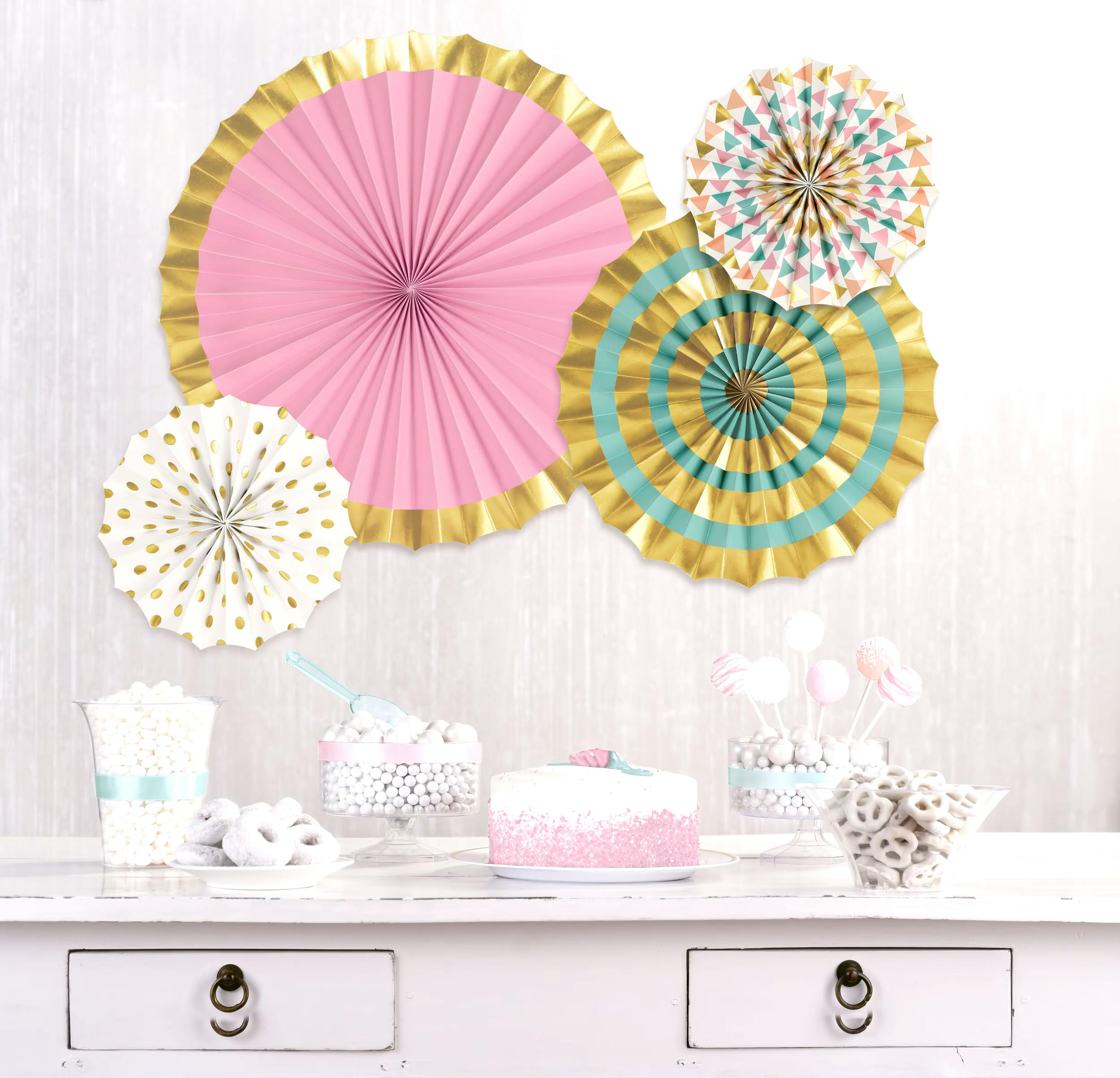 Metallic Gold & Pastel Patterned Paper Fan Decorations, 4-ct