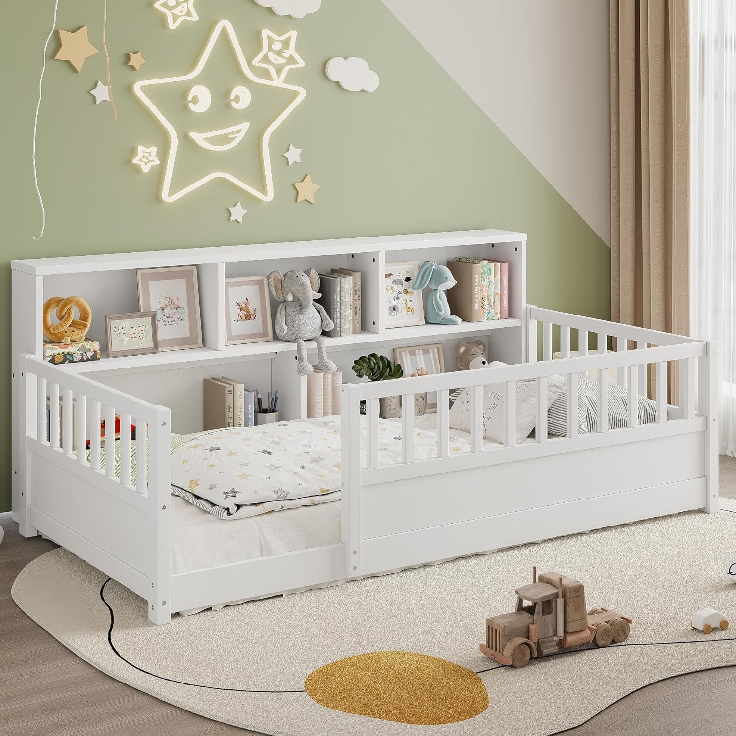 KEIKI Montessori Floor Bed Twin Size, Pine Wood Platform Bed Frame with Fence and Guardrail, Kids Bed with Side Storage Racks, Twin Floor Bed for Children, White