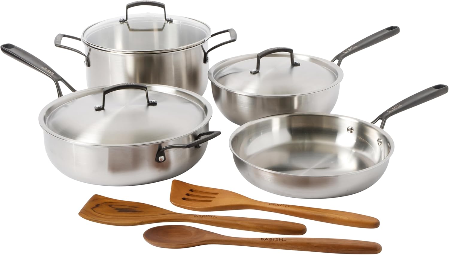 Babish 10-Piece Professional Tri-Ply Non-Toxic Pots and Pans Cookware Set – Durable, Even Heat Distribution