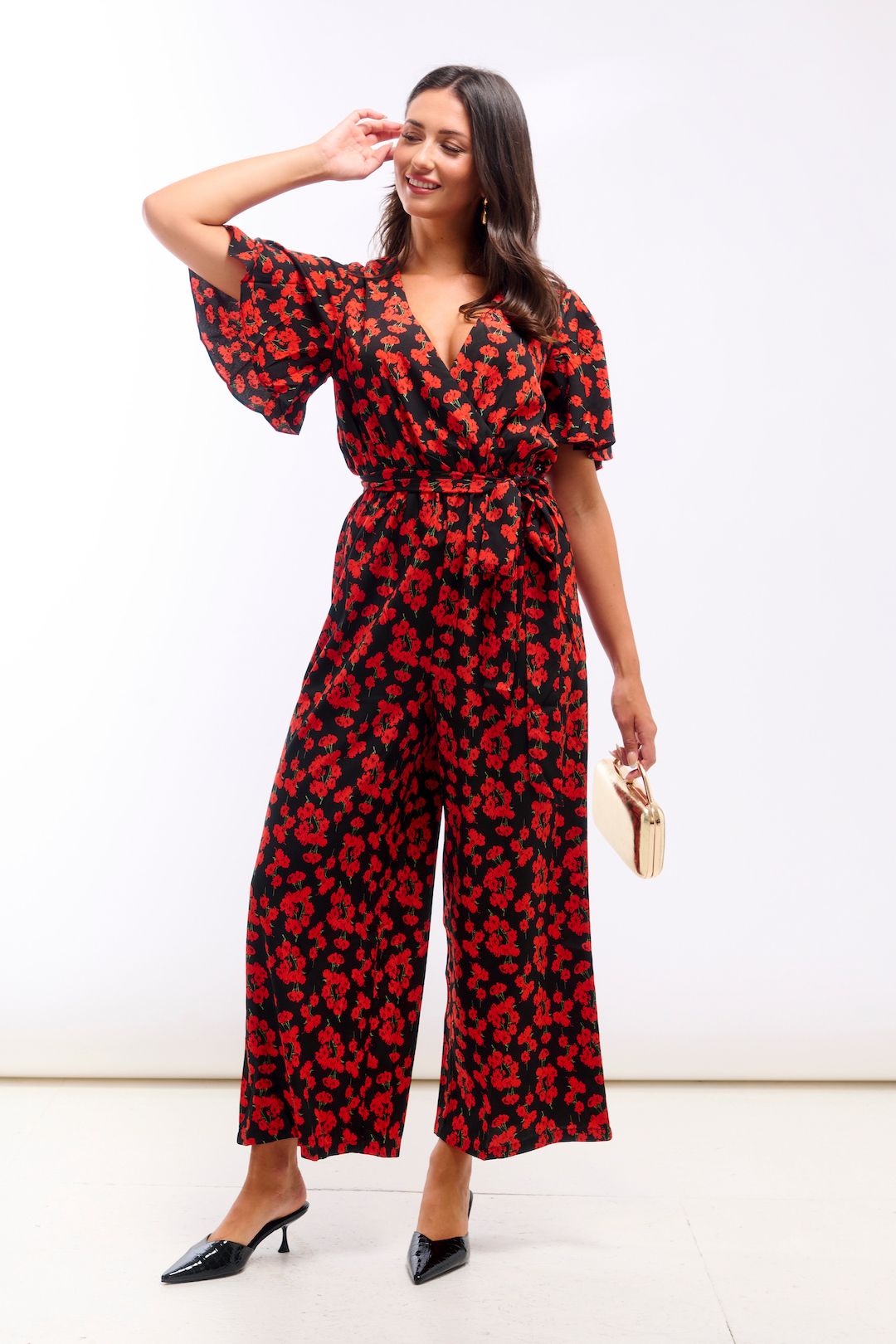 Needs No Label Red Floral Flutter Sleeve Jumpsuit