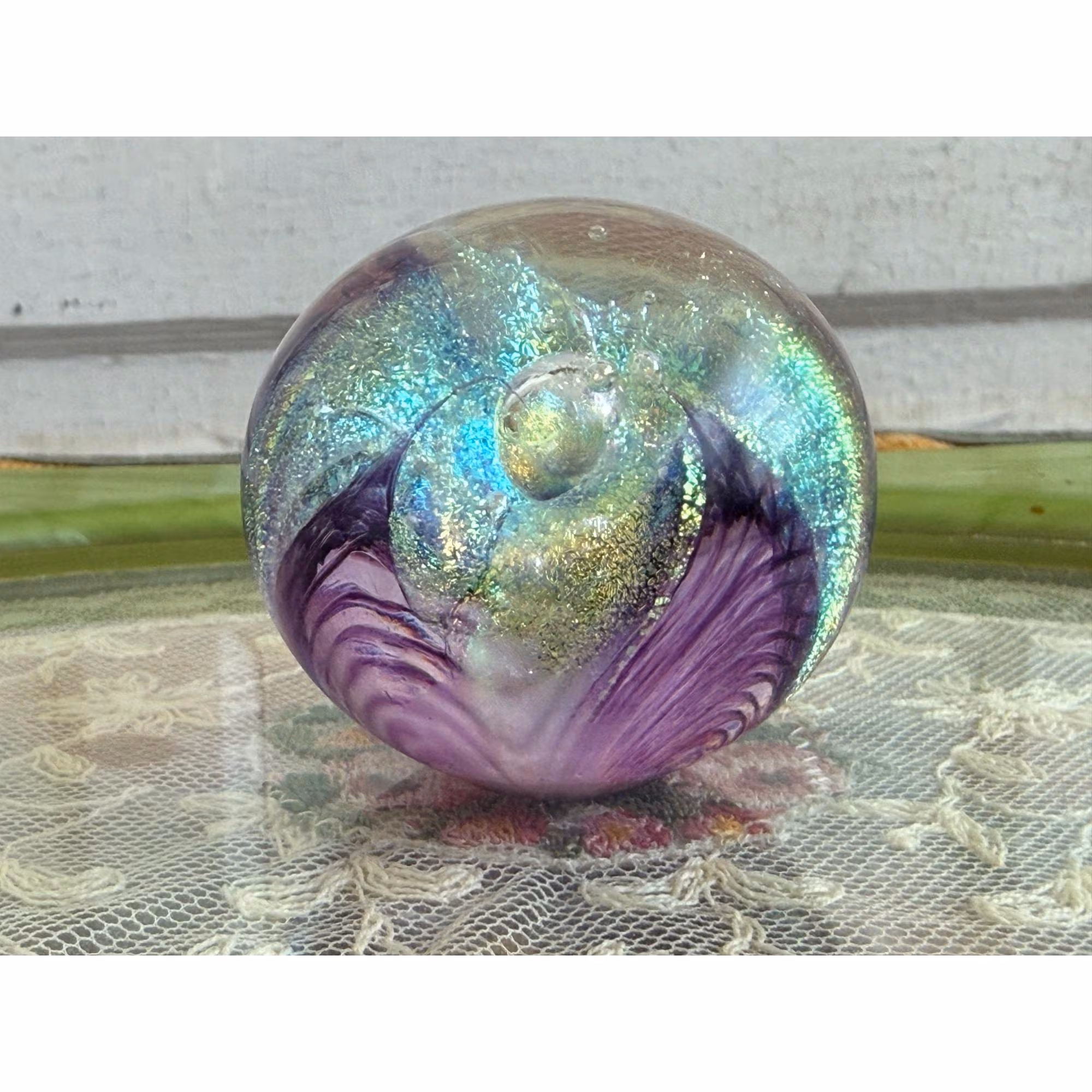 Vintage 90's GES Glass Eye Studio Purple Passion Flower Art Glass Paper Weight