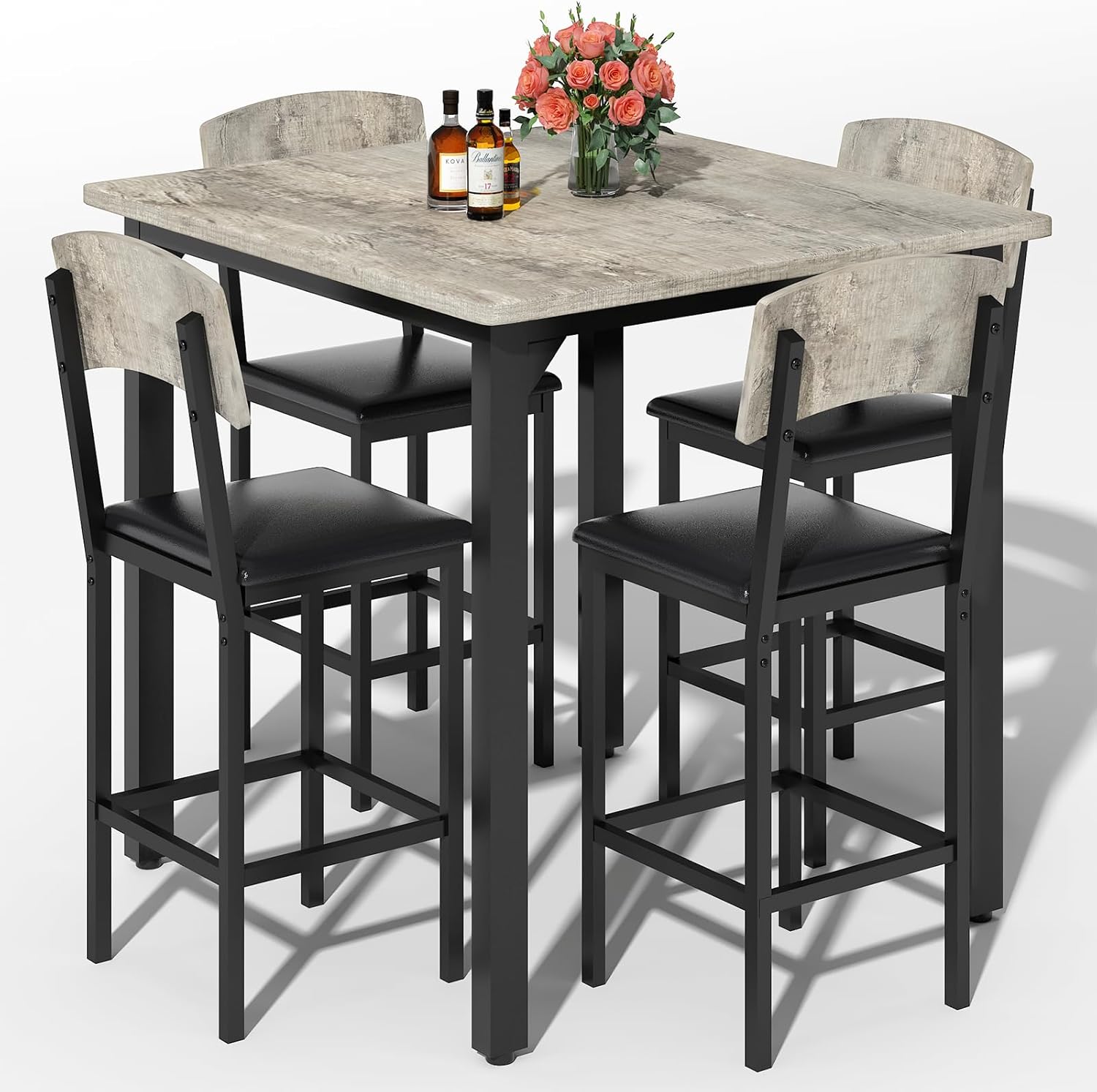 AWQM 5-Piece Dining Table Set, Dining Table Set for 4, Counter Height Table & 4 Bar Stools, Modern Kitchen Dining Set, with Upholstered Chairs, Compact Dining Set for Small Spaces, Gray