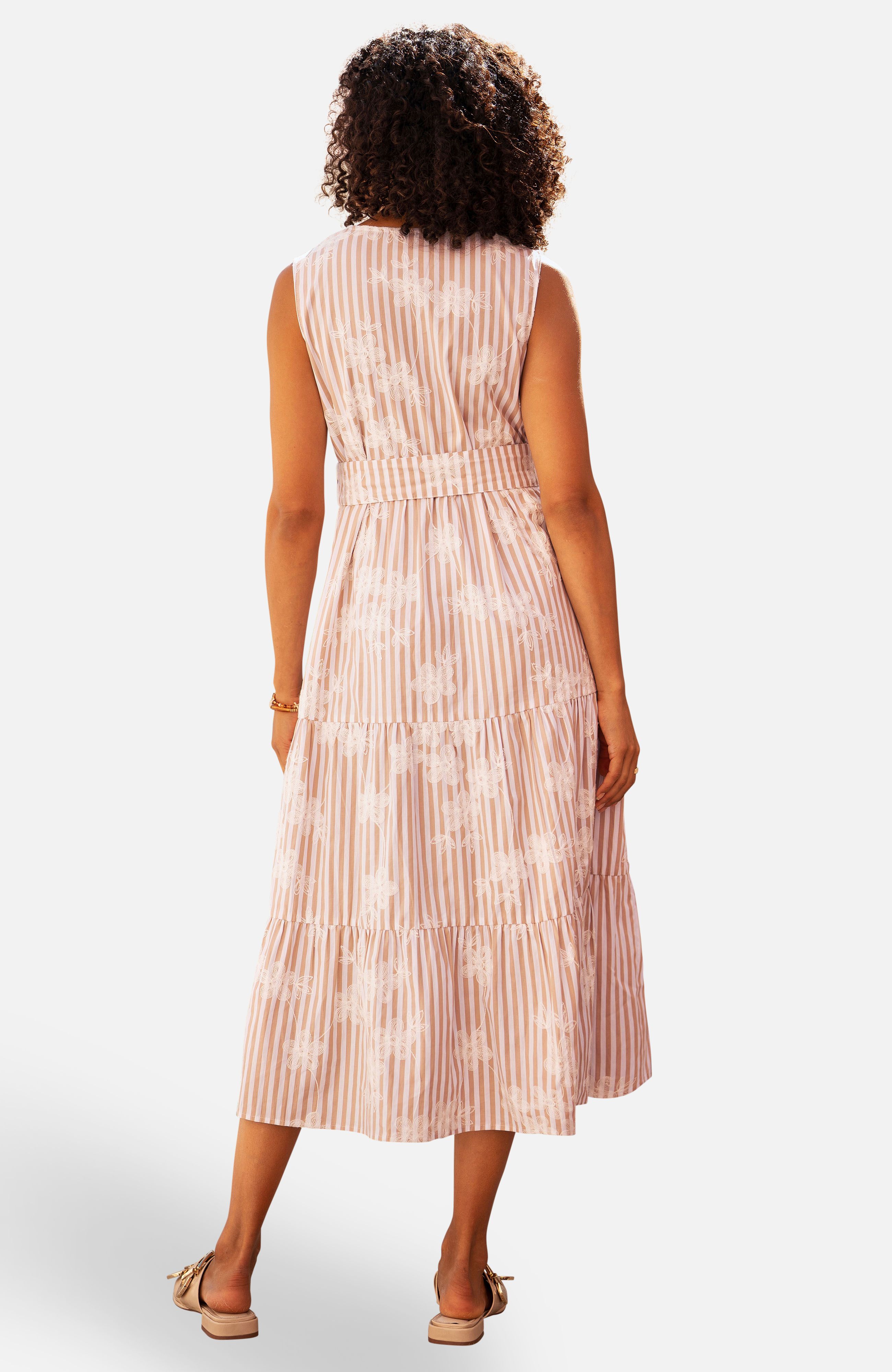 Yumi Brown Stripe With Embroidered Flower Cotton Dress