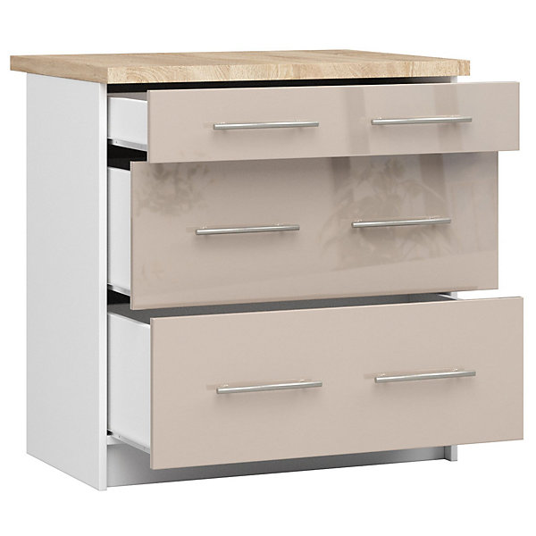 Meuble de cuisine sur pied : 3 tiroirs, blanc / cappuccino brillant,80 x 85 x 46 cm