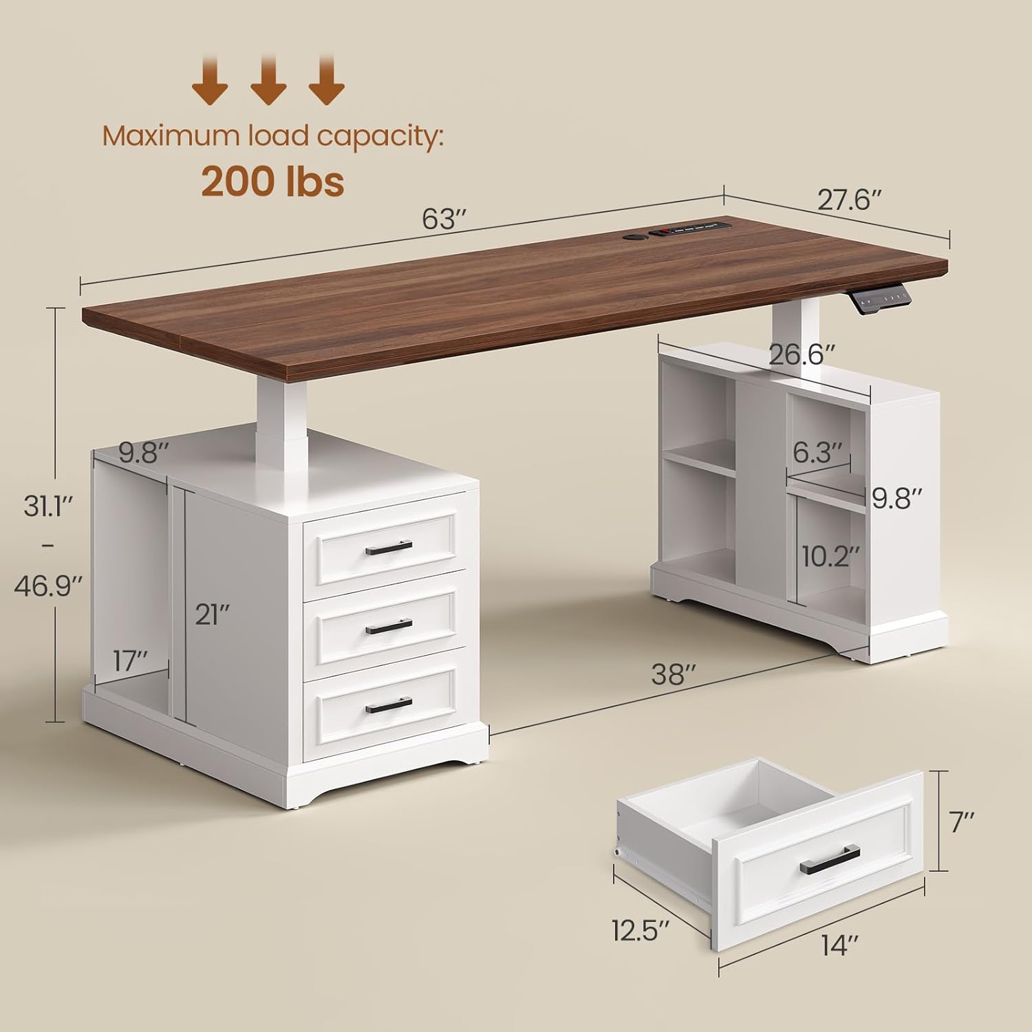 SEDETA Farmhouse Electric Standing Desk, 63 Height Adjustable Computer Desk with 3 Drawers, Storage Shelves, Power Outlets, Wood Home Office Stand up Desk for Work, Study, Writing, White