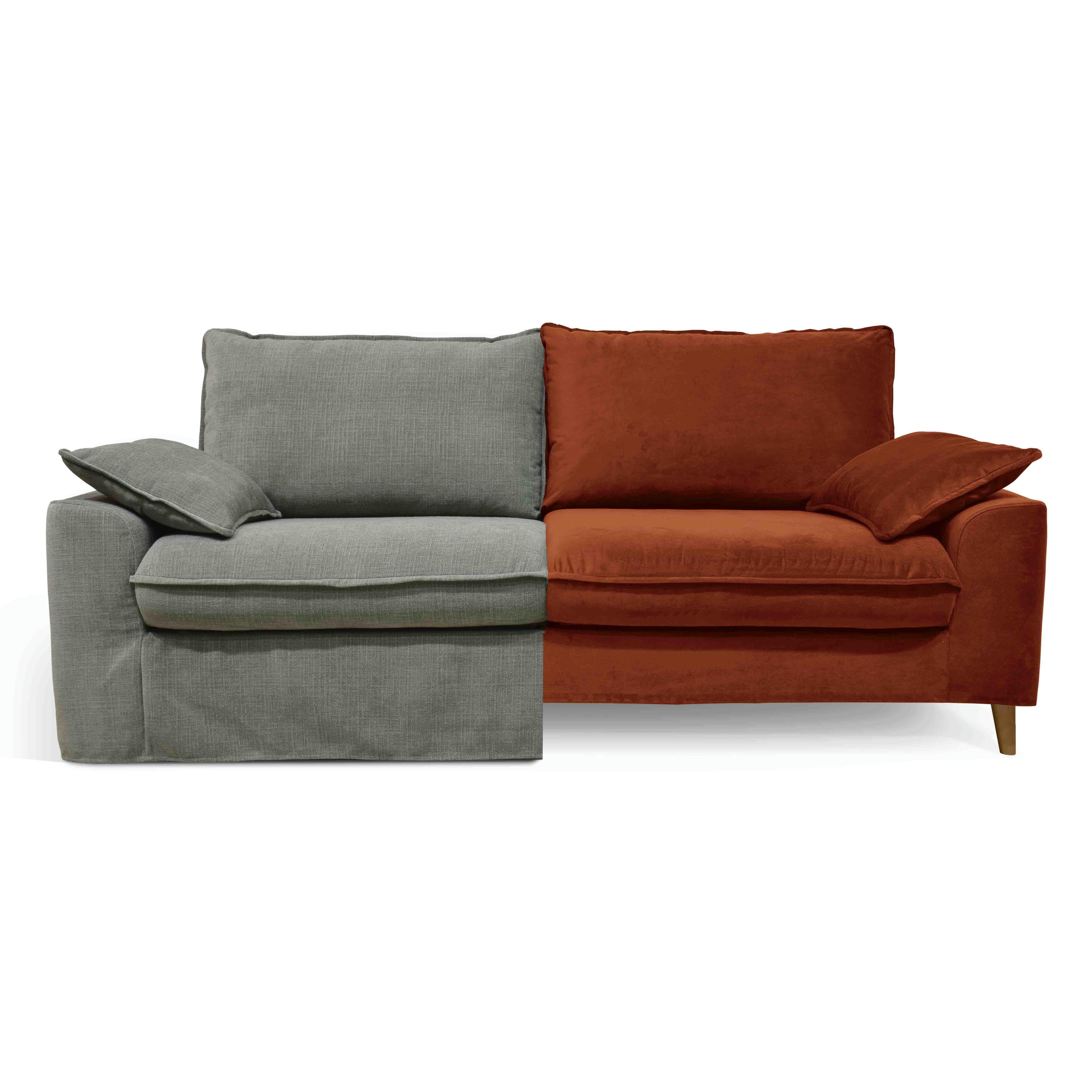 JAROD - Canapé tissu vert gris avec une housse supplémentaire velours noisette