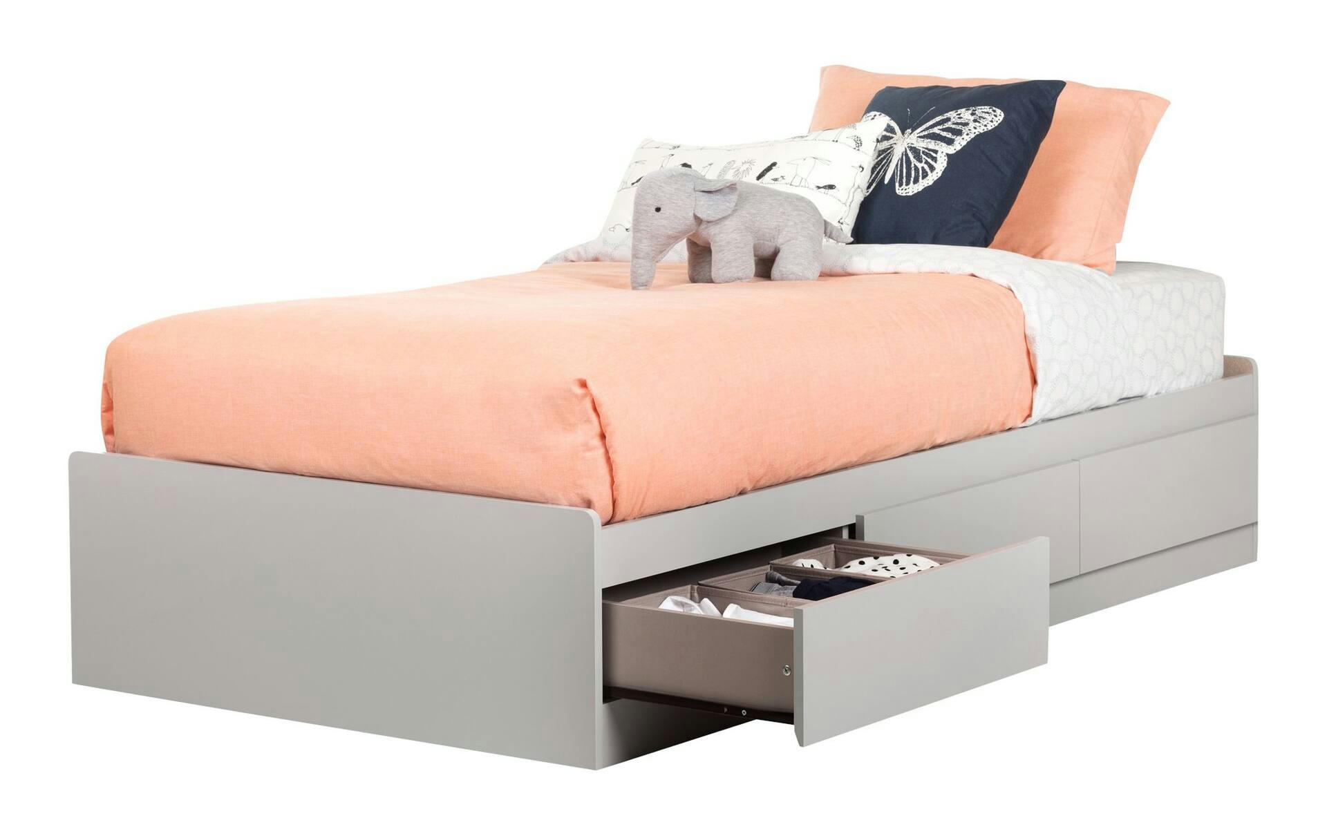 South Shore Cookie Mates Kids Platform Storage Twin/Single Bed With 3 Drawers, Grey/White