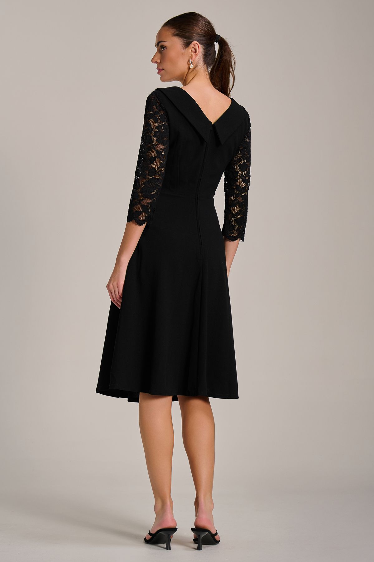 Jolie Moi Roll Neck Lace Sleeve Fit & Flare Midi Dress