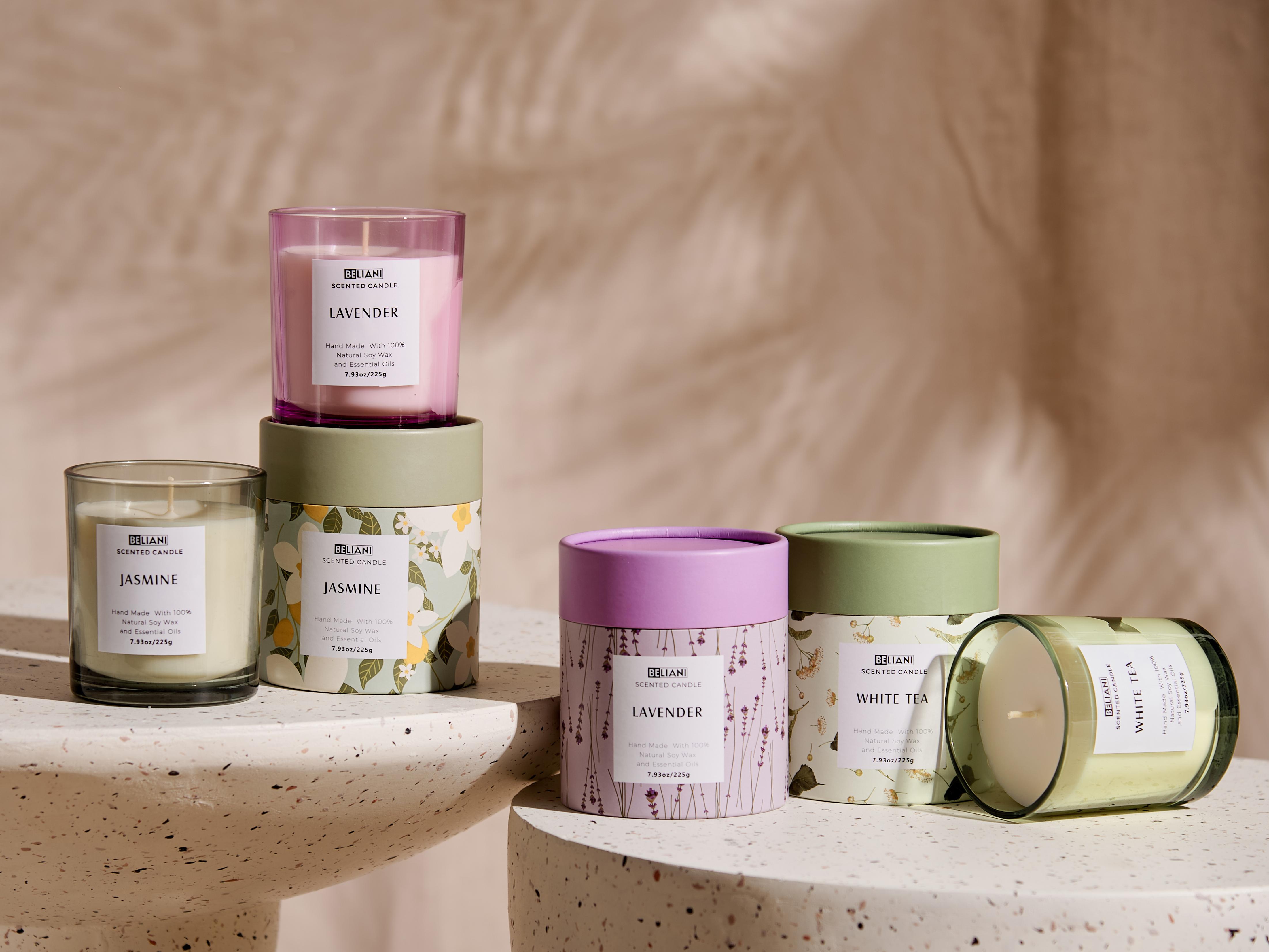 Set of 3 Scented Candles COLORFUL BARREL Soy Wax Fresh Notes Floral Notes