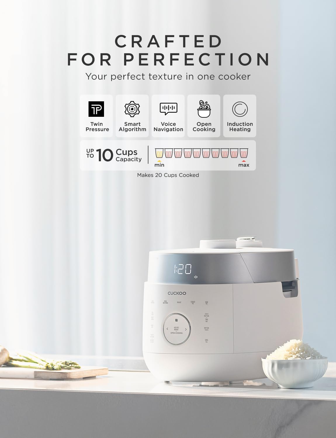 CUCKOO Twin Pressure Rice Cooker 10-Cup Uncooked / 20-Cup Cooked with Induction Heating Technology, 20 Menu Modes with Voice Guide, Large Rice Maker Multi-Cooker & Pressure Cooker (CRP-LHTR1009FW)