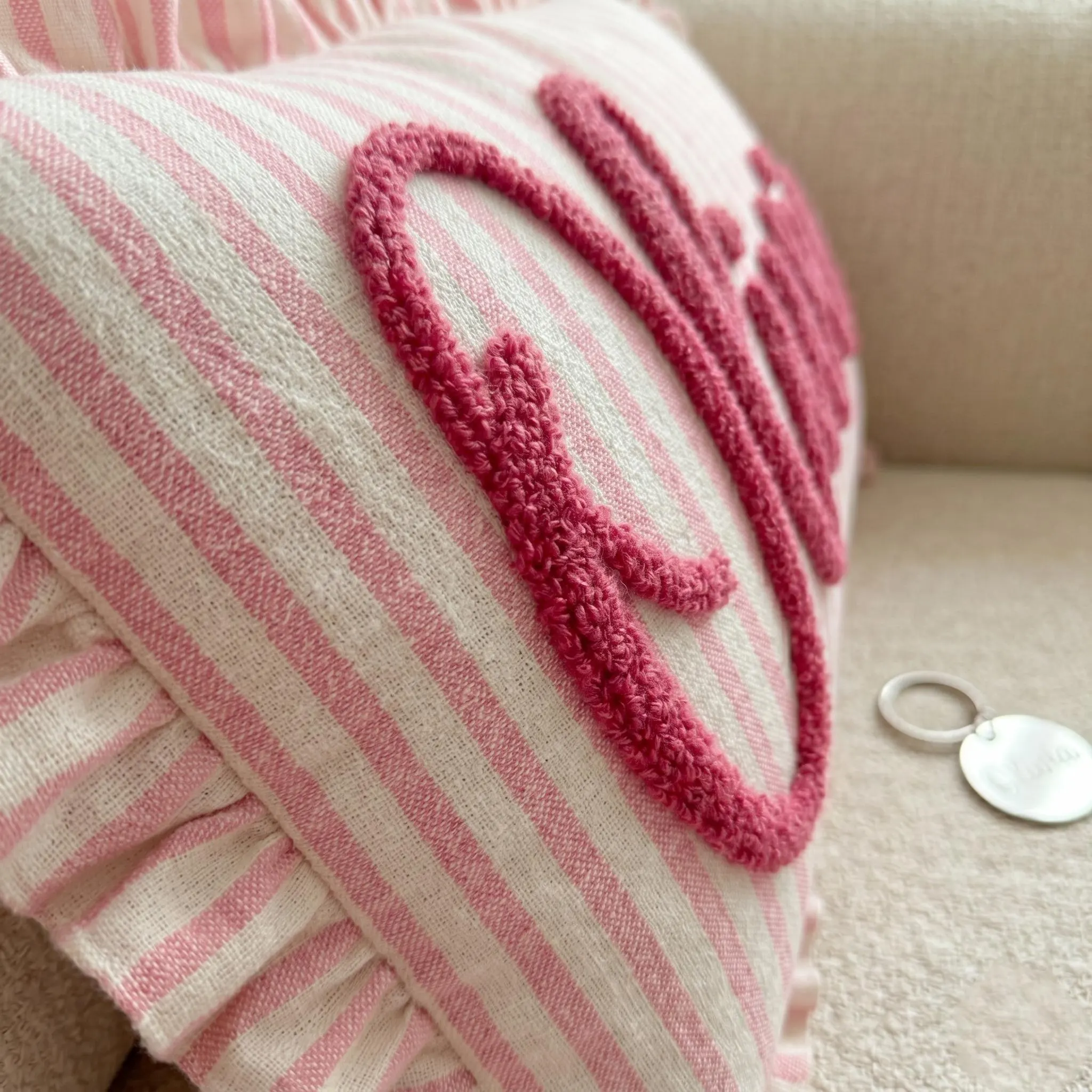 Personalized Striped Ruffled Punch Needle Throw Pillow: Embroidered Name Baby Gift for Nursery