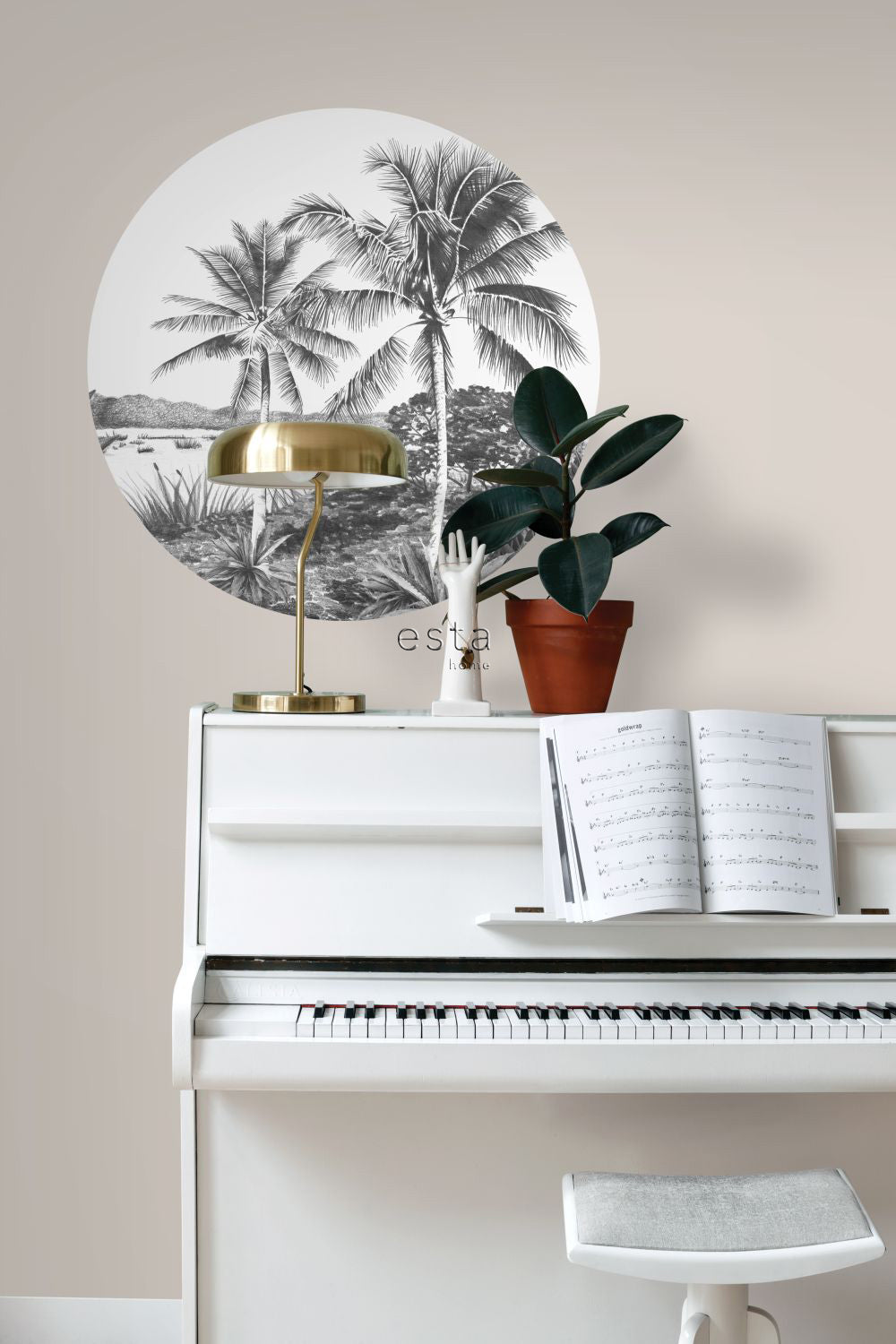ESTAhome zelfklevende behangcirkel tropisch landschap met palmbomen zwart wit - Ø 70 cm - 158981