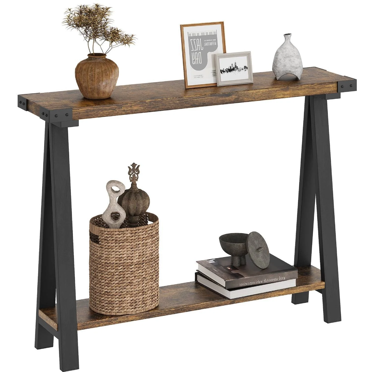 Rustic 2-Tier Sofa Table with Shelf for Entryway