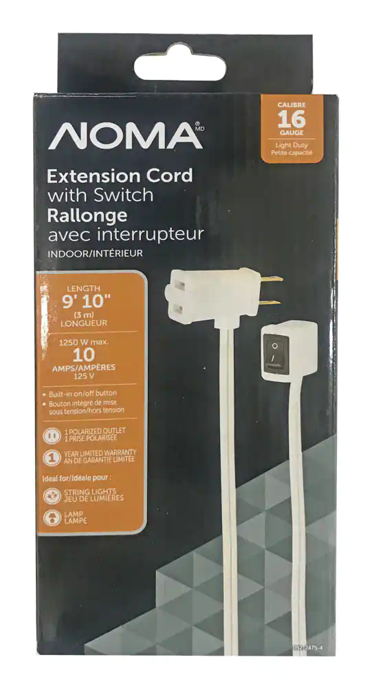 NOMA 9-ft 10-in 16/2 Indoor Extension Cord, ON/OFF Switch, 1 Outlet, White