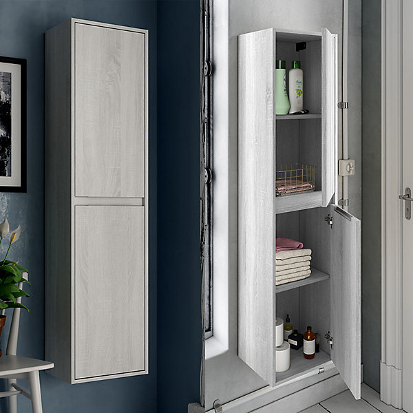 Ensemble meuble de salle de bain 80cm vasque déportée   colonne de rangement OLYMPE - hibernian (bois blanchi)