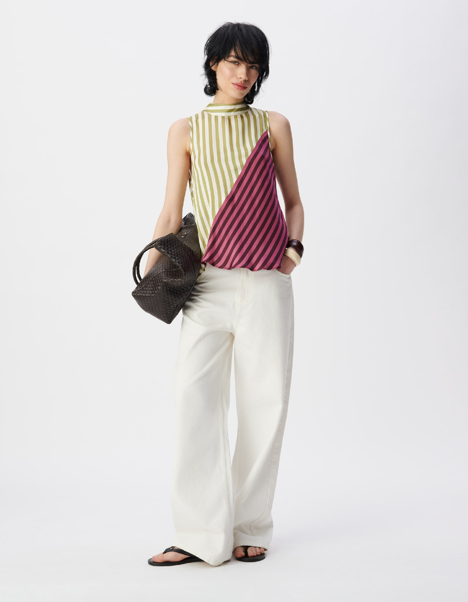 Top sans manches écru rayures couleur col lavallière Femme