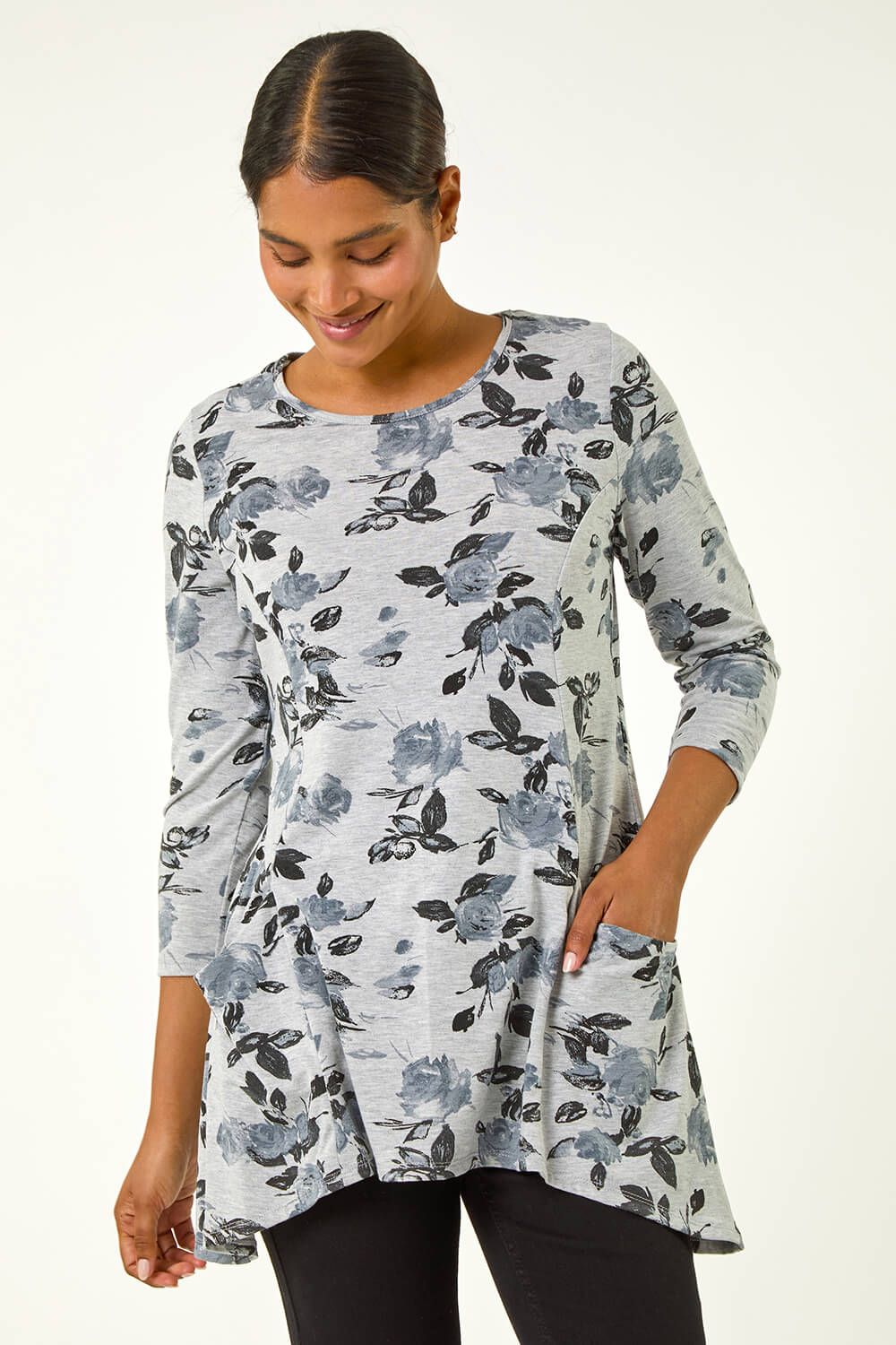 Roman Floral Print Pocket Detail Tunic Stretch Top