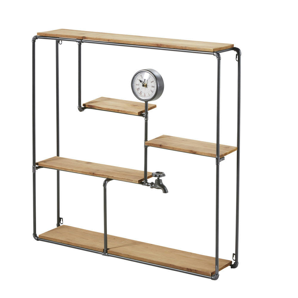 FRANKLIN - Etagère en métal noir et bois de sapin avec horloge