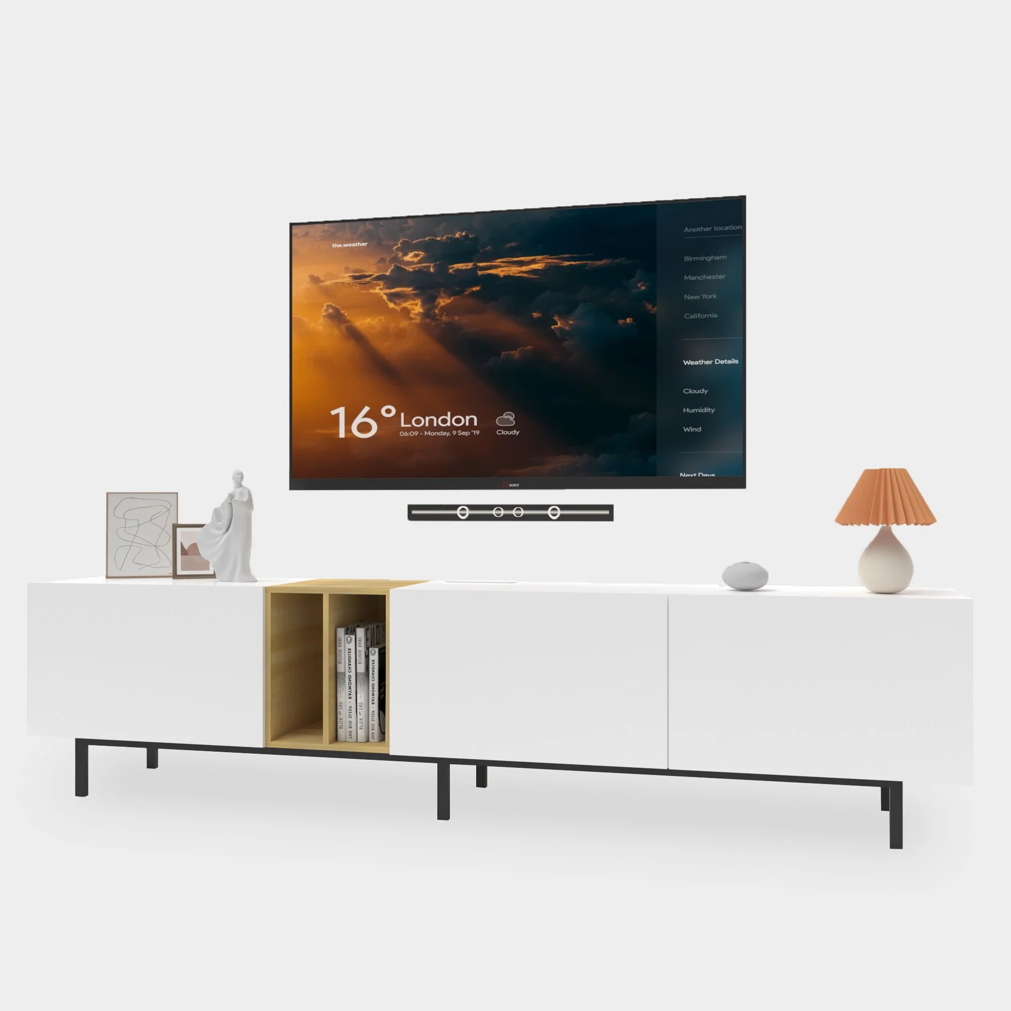 White 77 TV Console with Big Storage & Built-in Socket for TVs Up to 70