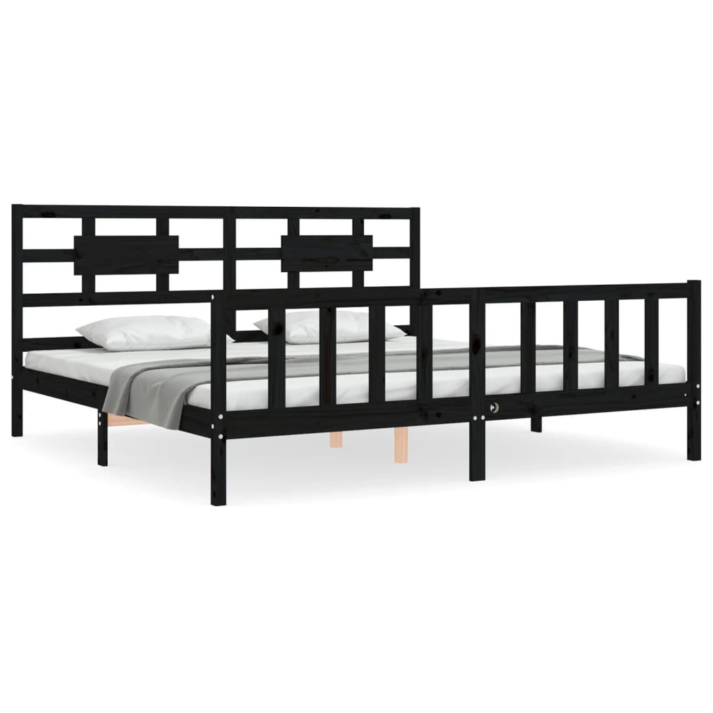 Rama łóżka z wezgłowiem czarna 200x200 cm lite drewno
