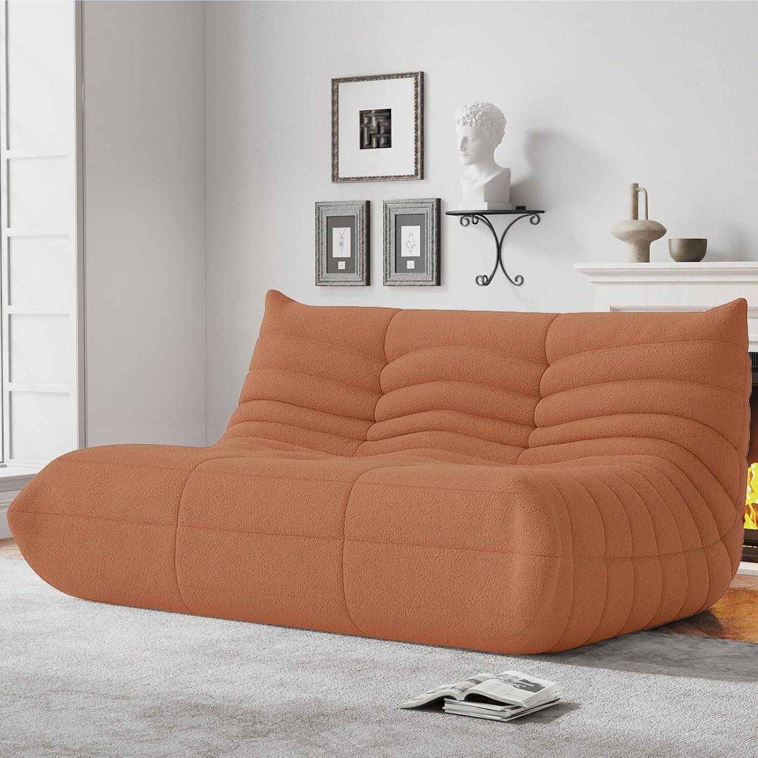 WHGBJA Bean Bag Chairs for Adults, BeanBag Reading Chair Memory Foam Couch, Floor Chair Soft Teddy Material (Orange, Loveseat)