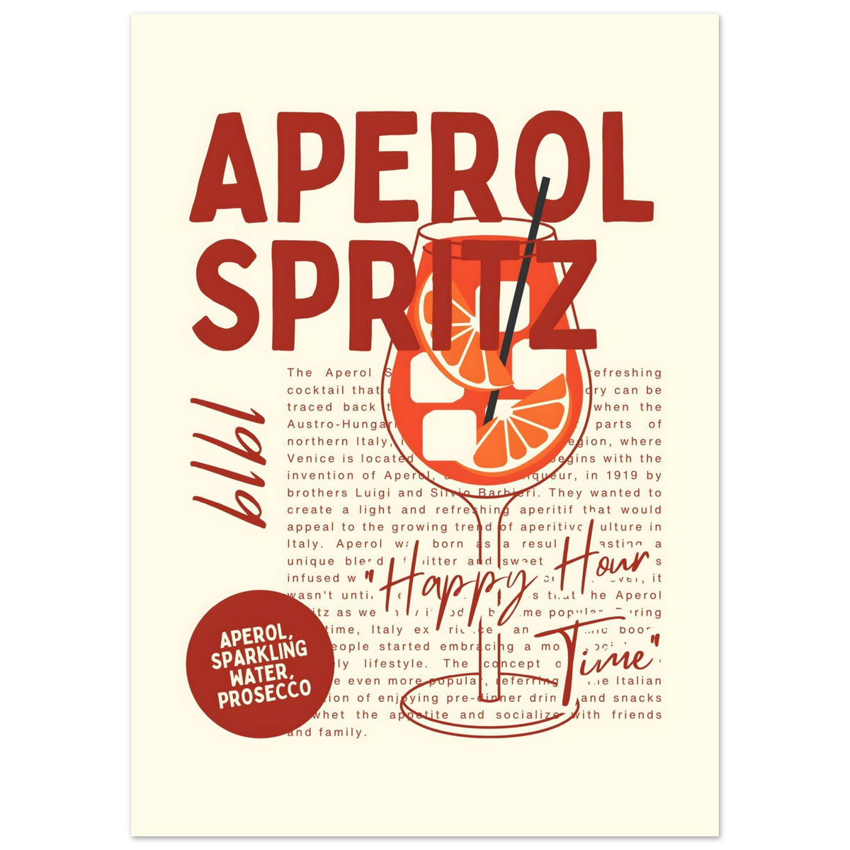 Artfulprints Poster Aperol Spritz - Happy hour  - 50x70 cm - Rood