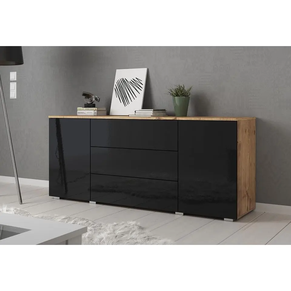 Meubella - Dressoir Pure - Zwart - Eiken - 150 cm