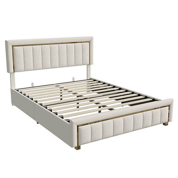 Lit 160x200 Cm, Lit Coffre Avec Rangement, Cadre De Lit Avec Tête De Lit, Velours, Beige
