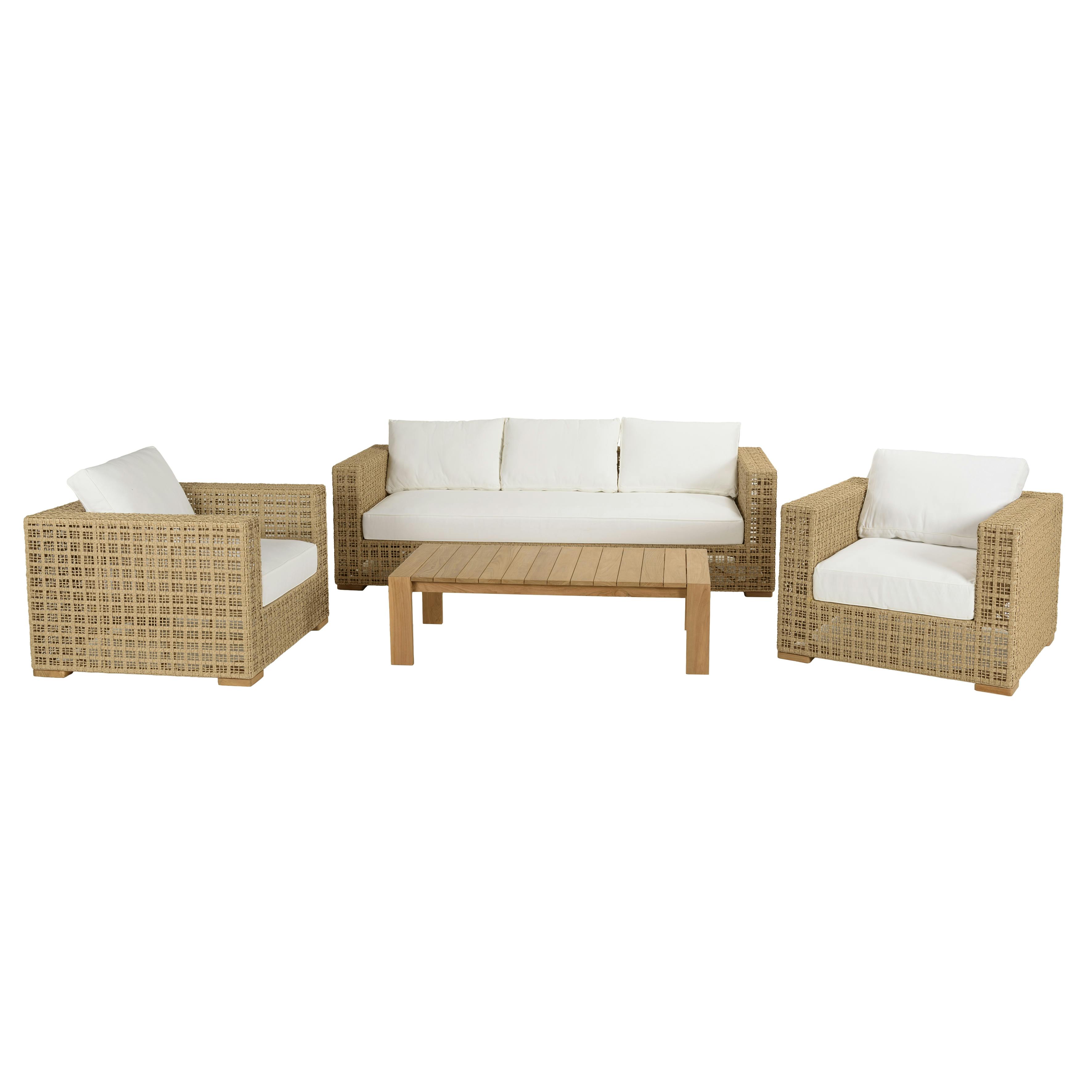 Salon de jardin tressage synthétique coussins blancs SUMMER