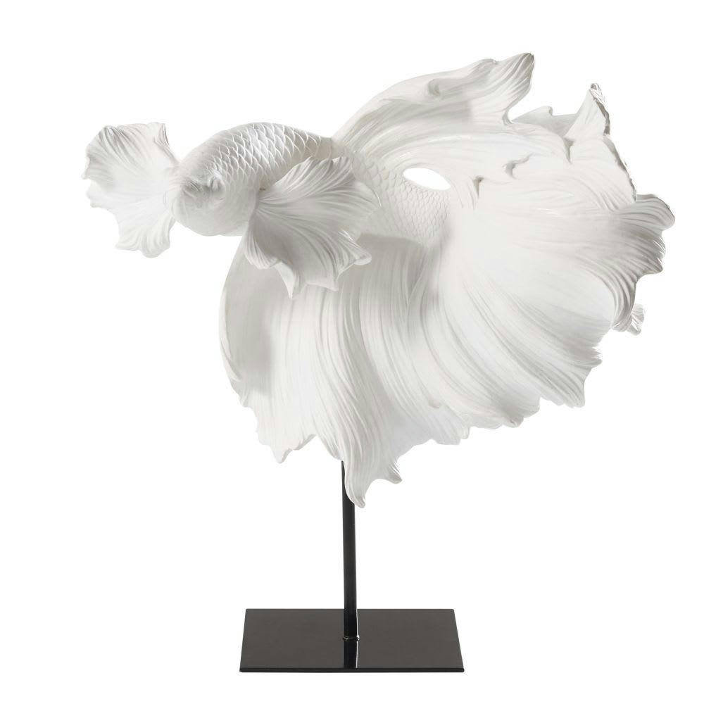 HAKUBA - Statuette poisson blanche et métal noir H36
