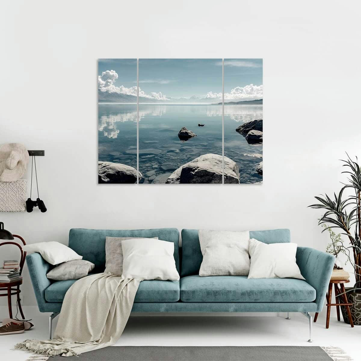 GRANDS ESPACES - Triptyque sur toile rivière avec rocher 125x97 cm