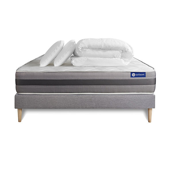 Pack sommier kit matelasRessorts ensachés et mémoire de forme avec couette et oreillers