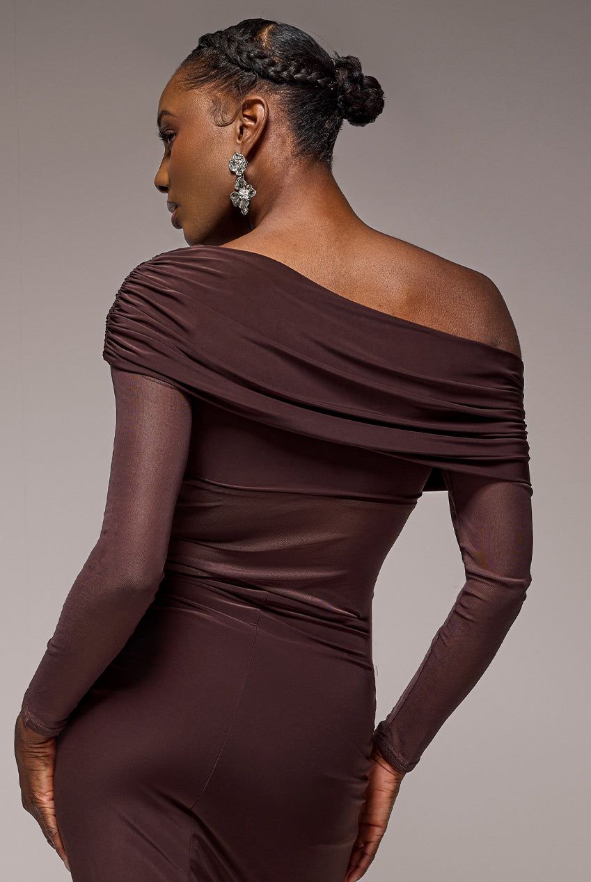 Goddiva Gathered Bardot Asymmetric Mesh Panel Top