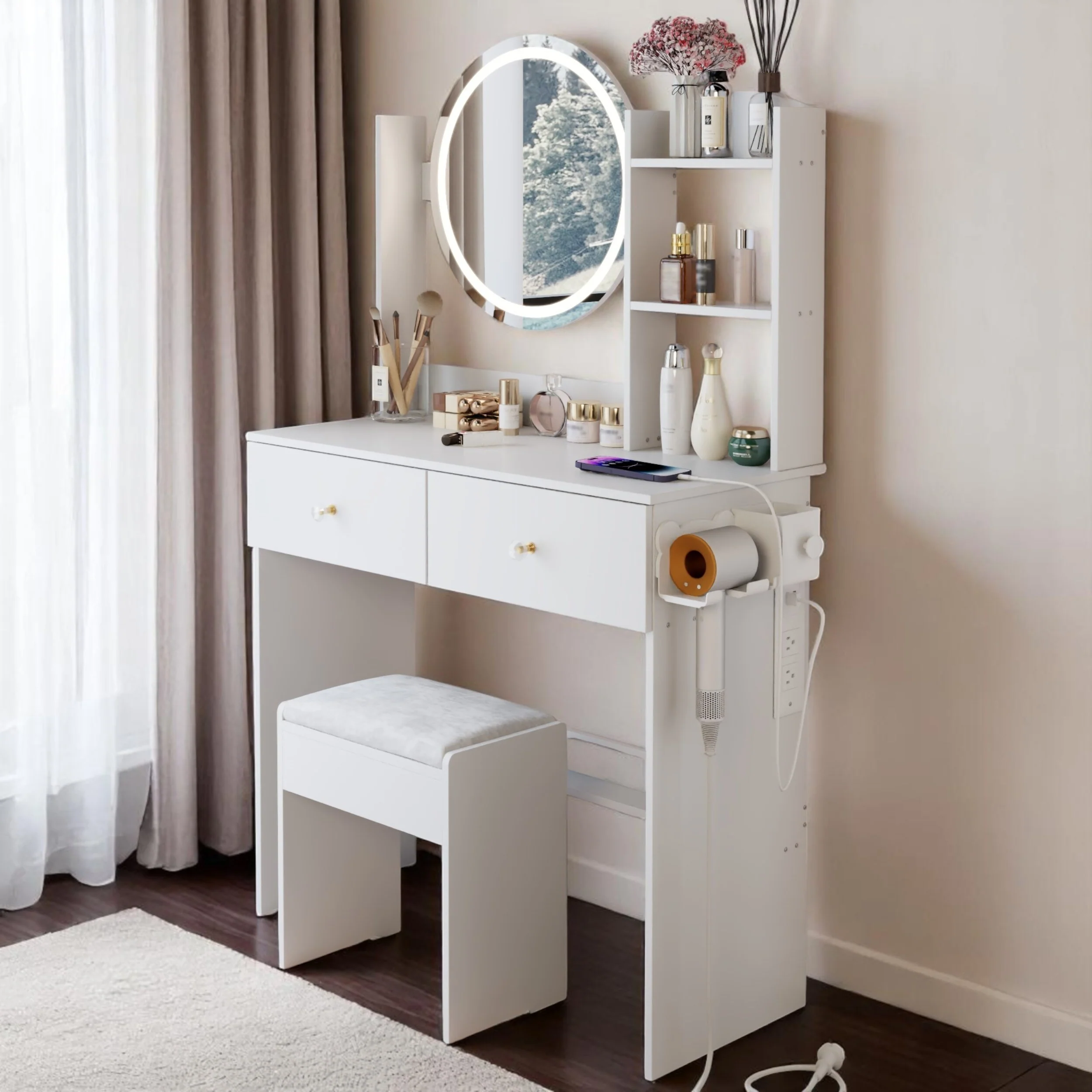 KISRAIS 31.5 Vanity Desk with Mirror, Light, Power Station, and Hair dryer bracket