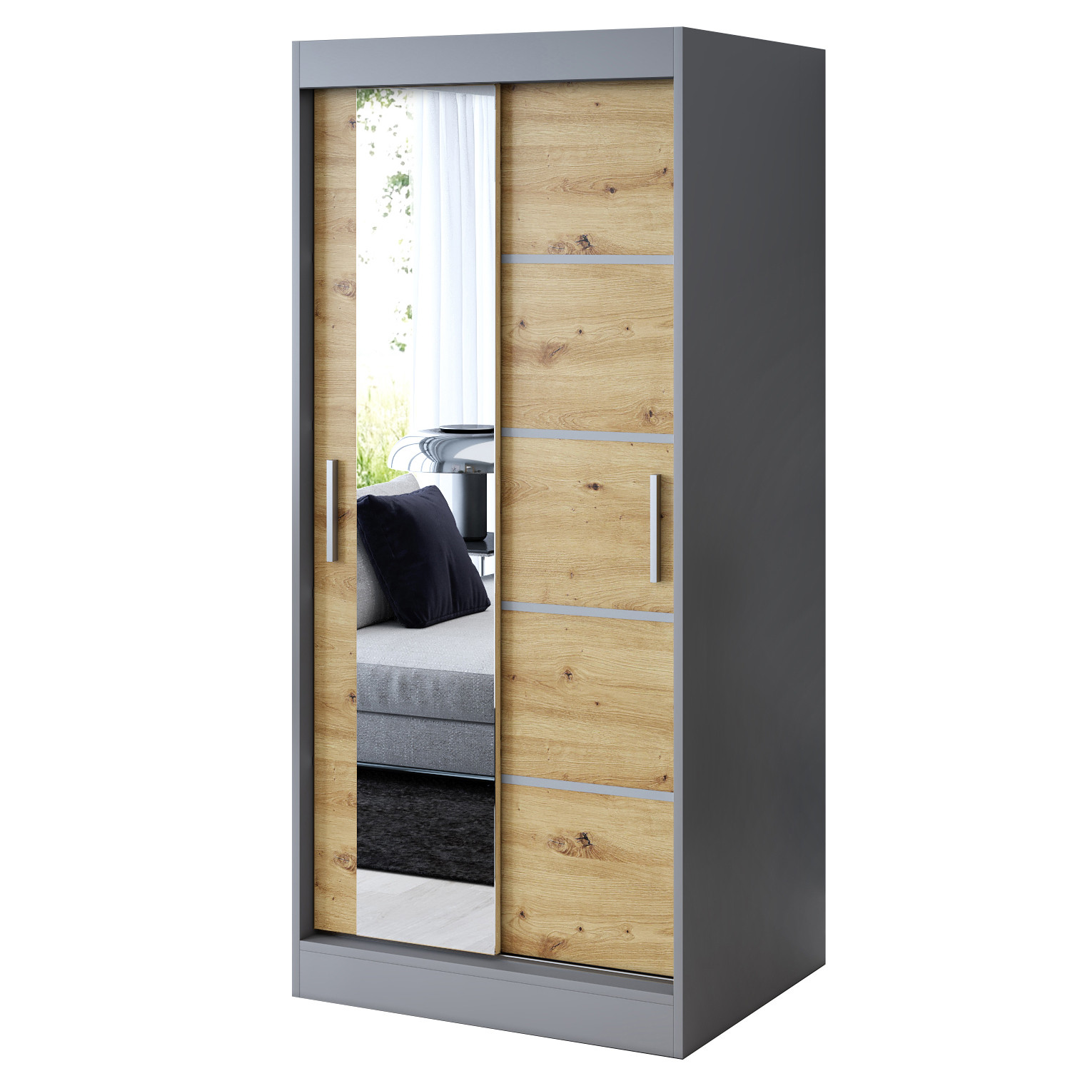 Szafa przesuwna 1x Lustro 90x200 Ralf, Antracyt Mat / Dąb Artisan