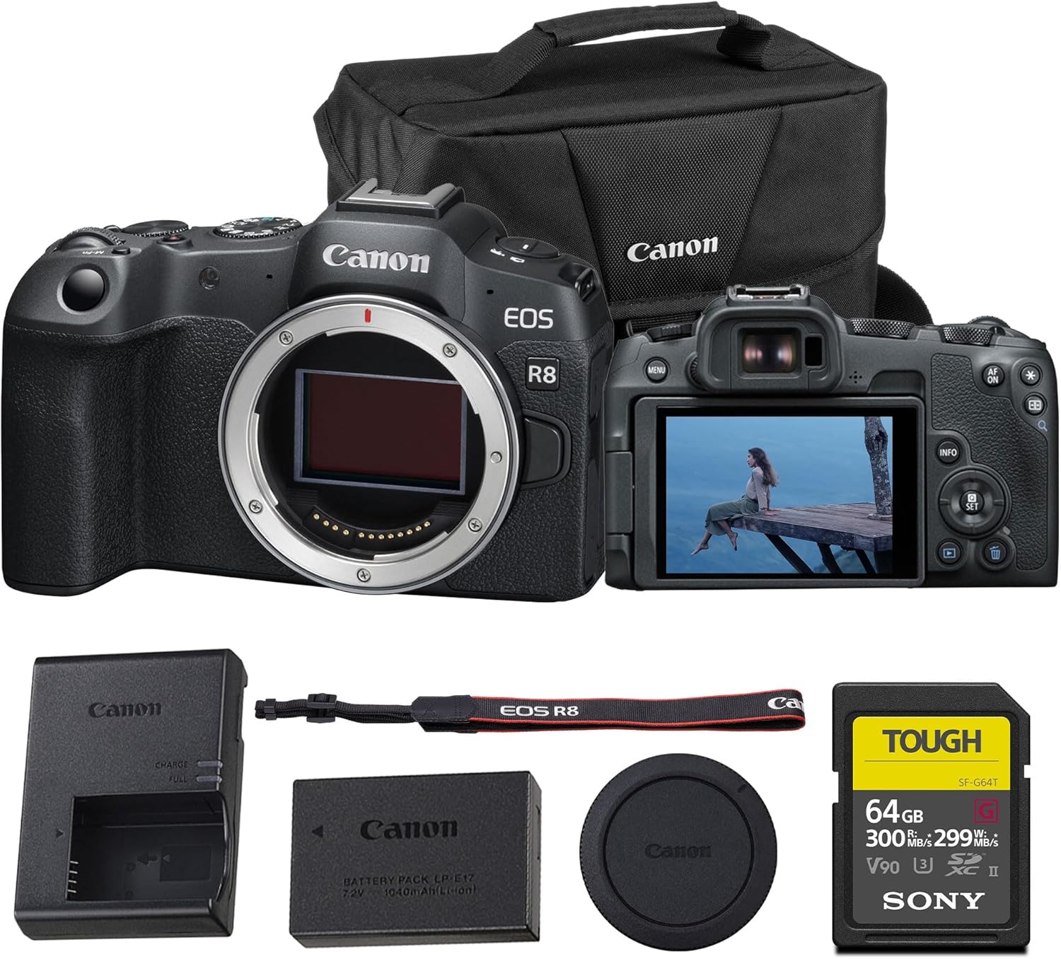 Canon EOS R8 Full-Frame Mirrorless Camera – 24.2MP  4K60p Video  Dual Pixel AF II  Wi-Fi  Lightweight Body – Body Only (5803C002) + 64GB Memory Card + Canon Shoulder Bag