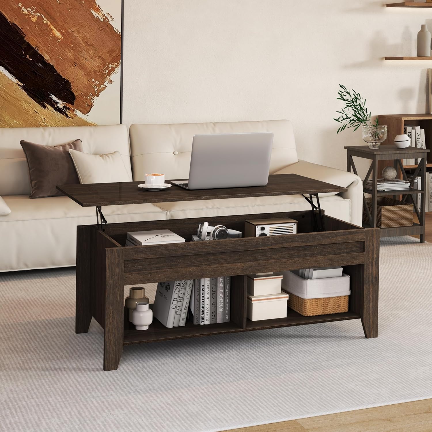 Yaheetech Lift Top Coffee Table with Hidden Storage Compartment & 2 Open Shelves, Rising Tabletop Pop Up Center Table for Living Room Reception Room, 47.5'' L, Espresso