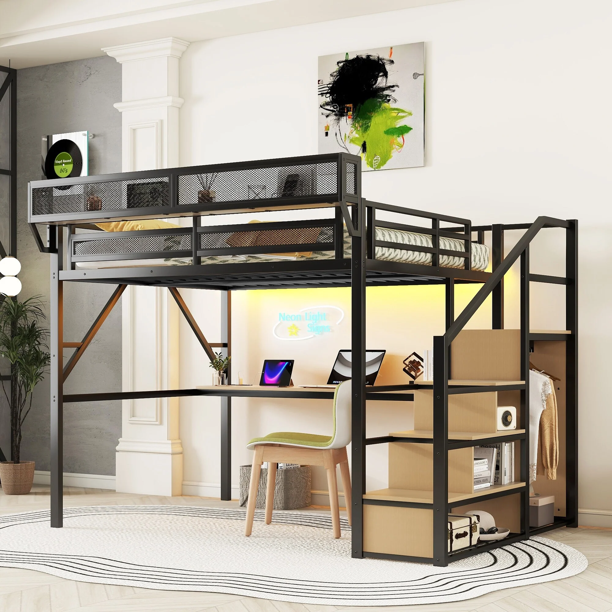 Queen Loft Bed with Desk and Charging Station, Queen Size Metal Loft Bed with Stairs and Light for Kids Teens