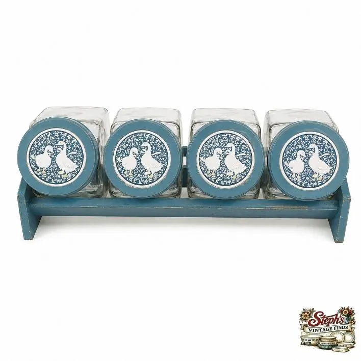 Vintage Glass Geese Canisters with Wood Rack - Set of 4