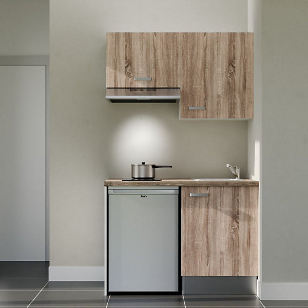 Kitchenette K01 façades Bois - Plan de travail Bois - Crédences : Non - Evier inox - Electroménager Inox inclus