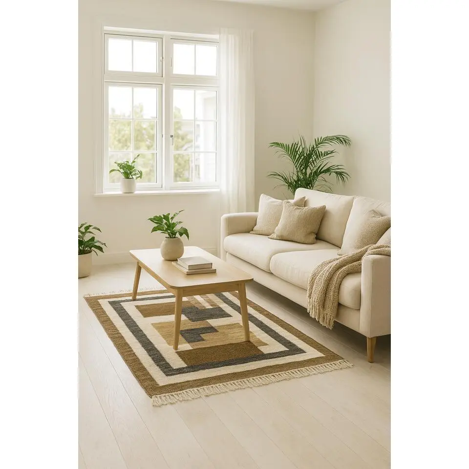 Rechthoekig katoenen tapijt met bruine en ecru motieven 120 x 180 cm