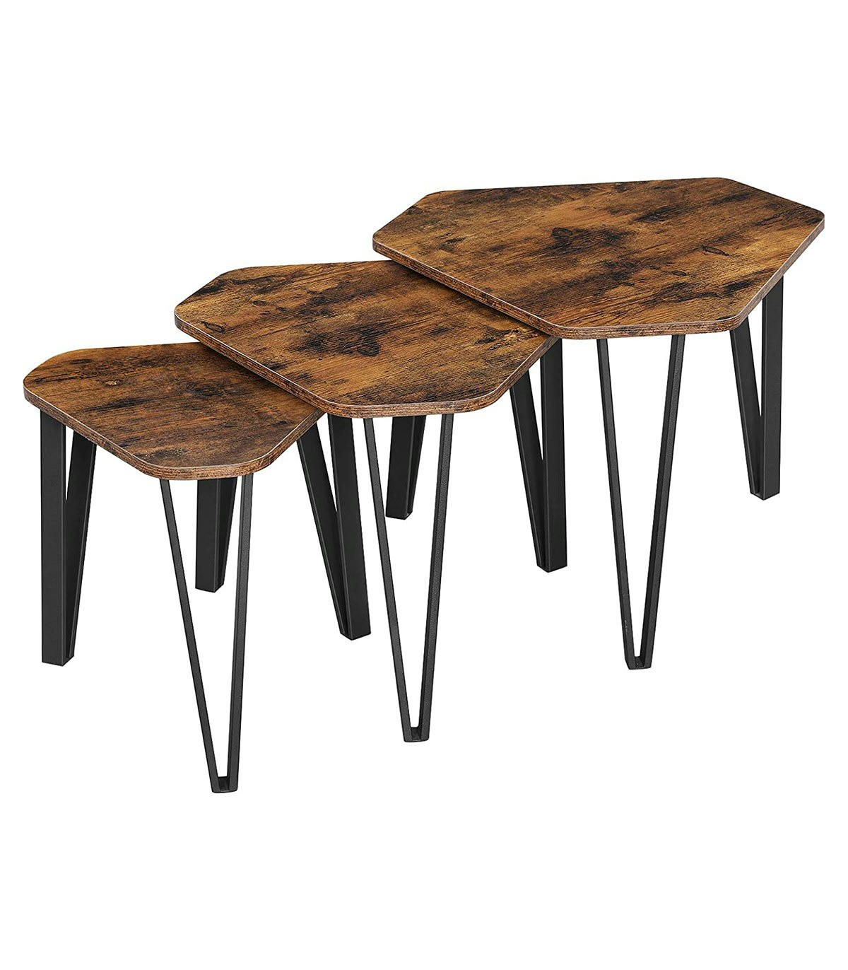 - Lot de 3 tables gigognes avec pieds en acier et décor bois rustique