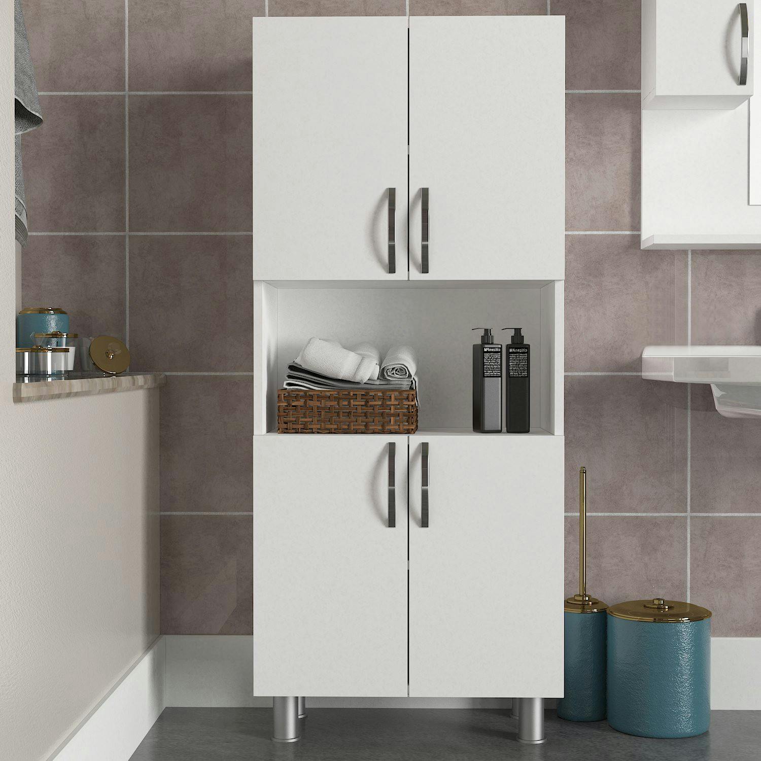Meuble salle de bains blanc, 4 portes 1 niche JENA